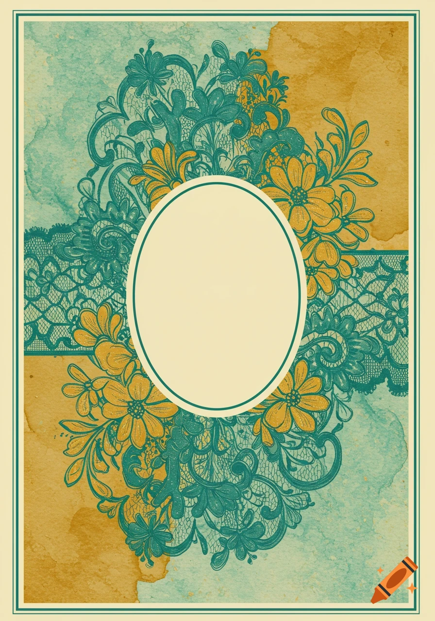 Teal and mustard vintage floral and lace motif with a central oval frame, on a watercolor-textured background.