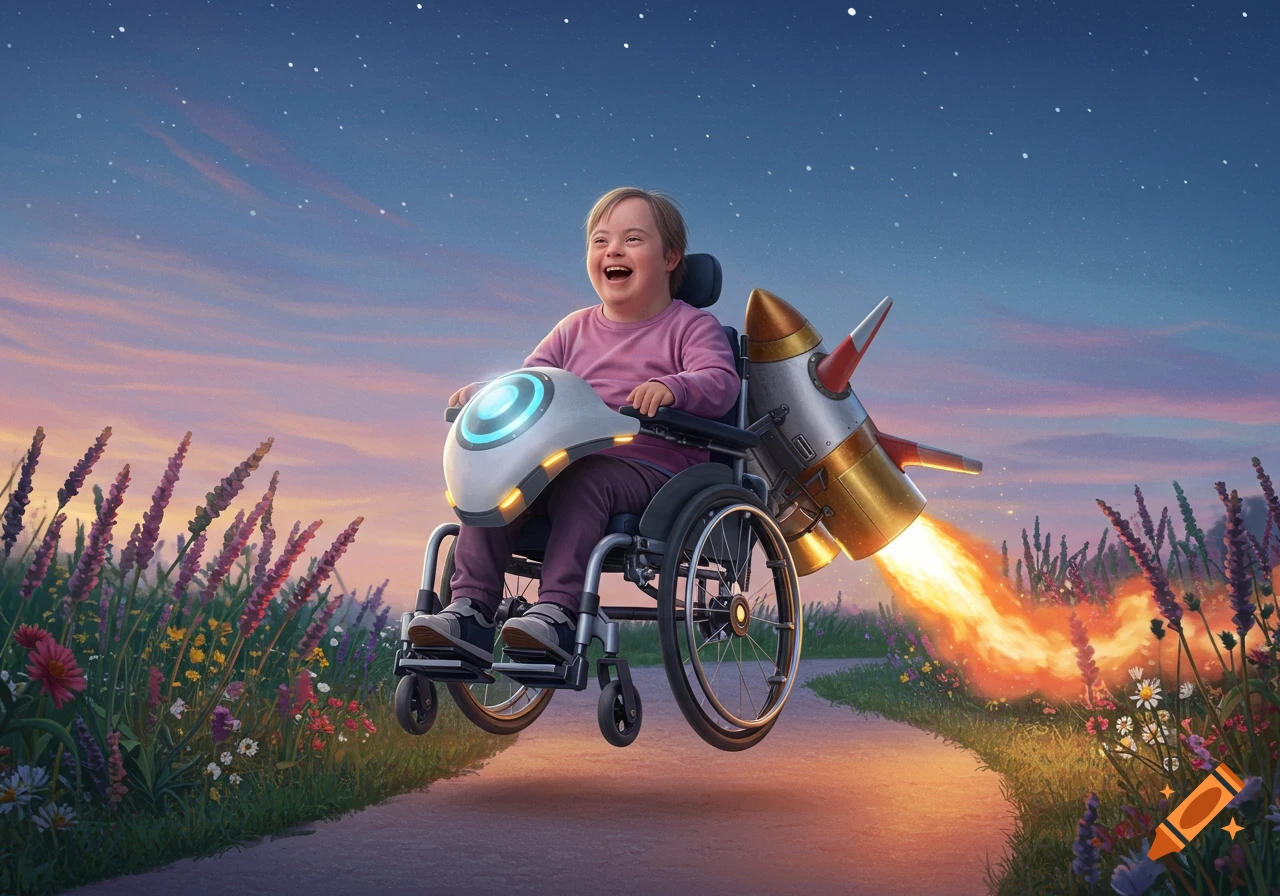 A joyful child with Down syndrome in a rocket-powered wheelchair soars above a vibrant wildflower field at dusk, digital art.