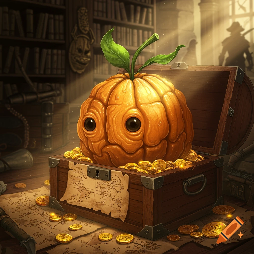 A cute, orange, pumpkin-like creature with big black eyes sits in an open wooden treasure chest full of gold coins, on a map-covered table in a library.