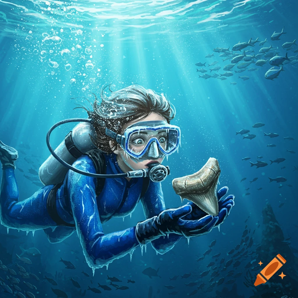 An illustrated frozen scuba diver girl in a blue wetsuit holds a large shark's tooth underwater, with fish and sunbeams.