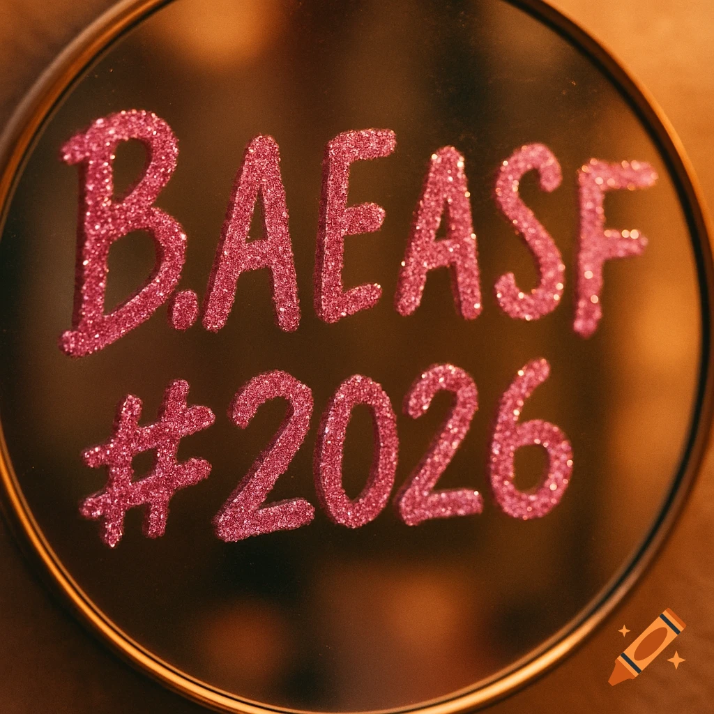 Close-up of pink glitter text 'B.A.E.A.S.F #2026' on a golden-framed mirror.