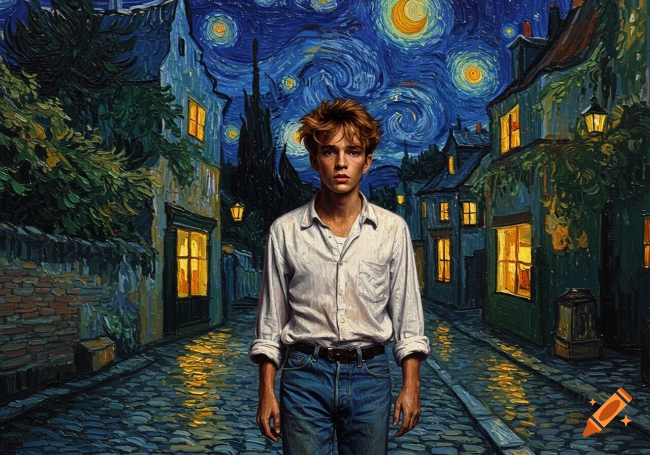 A young man with tousled brown hair stands in the middle of a cobblestone street, rendered in the swirling, starry night style of Van Gogh, surrounded by illuminated houses.
