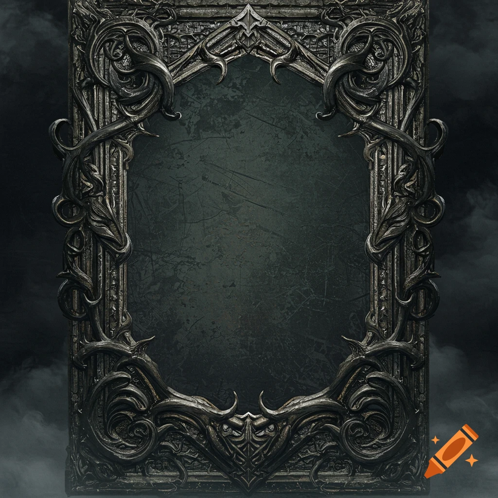 An ornate, dark gothic metallic frame with intricate swirling patterns and a scratched, dark center, resembling a Dark Souls item border.