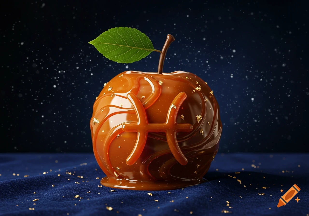 A glistening caramel apple decorated with the Pisces zodiac symbol and gold flakes, resting on a dark blue velvet surface with a starry background.