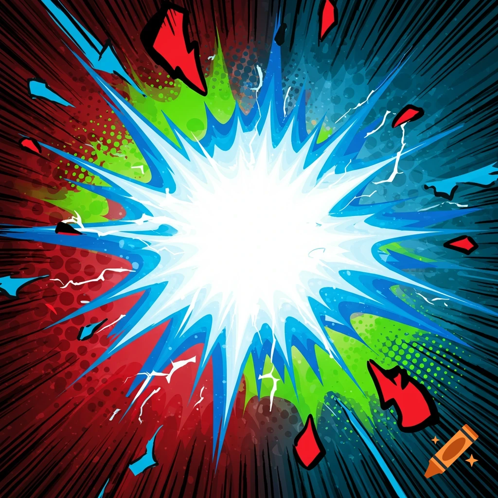 A bright, star-shaped comic book energy burst, exploding with jagged blue, red, and green shapes against a dark, speed-lined background.