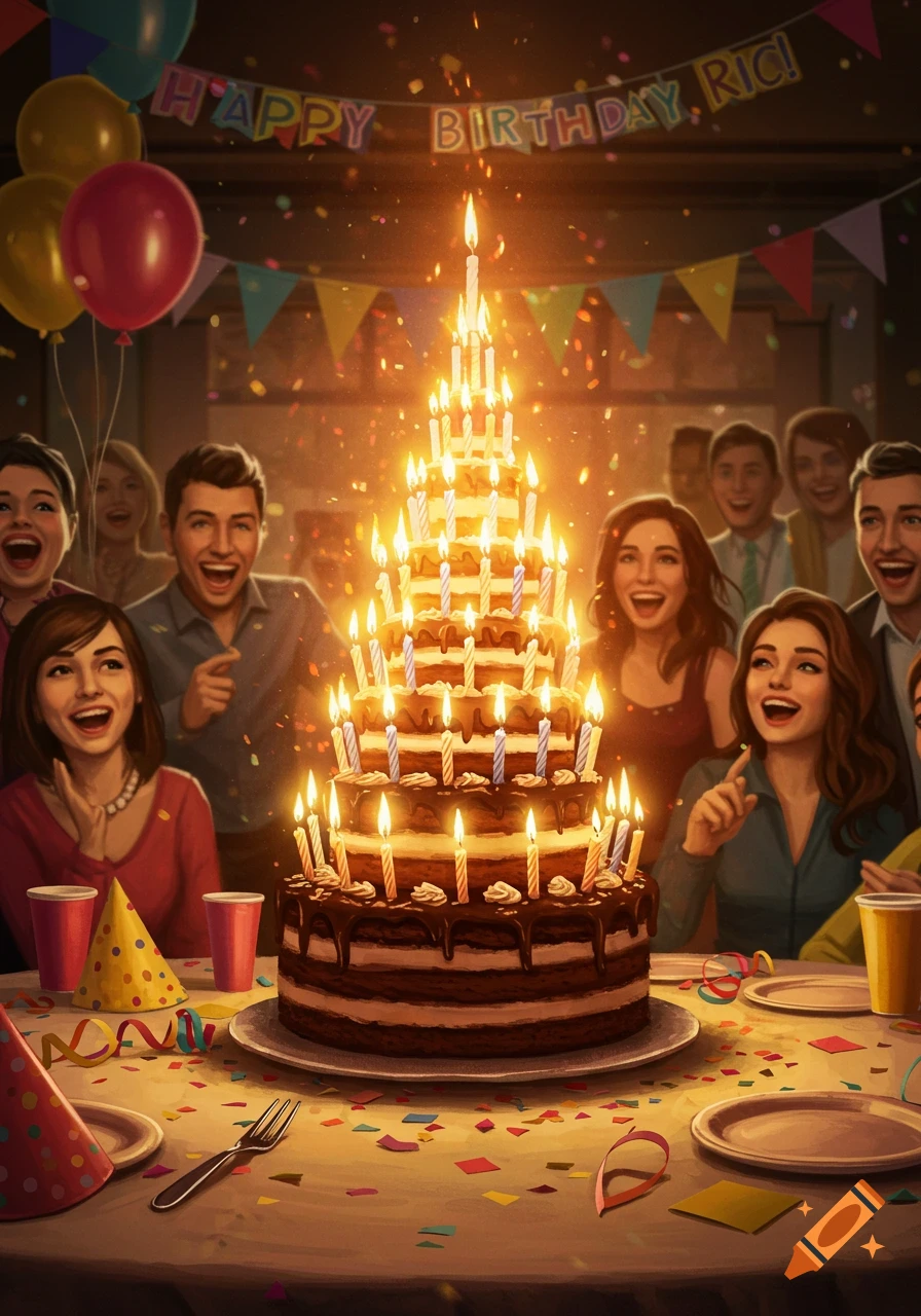 A vibrant birthday party illustration with a tall cake full of lit candles, confetti, and people celebrating. A banner reads 'HAPPY BIRTHDAY, RIC!'.