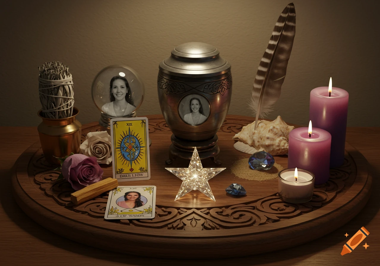 A spiritual altar with a silver urn holding a photo, lit candles, tarot cards, a feather, crystals, a glowing star, and a crystal ball with a woman's photo.