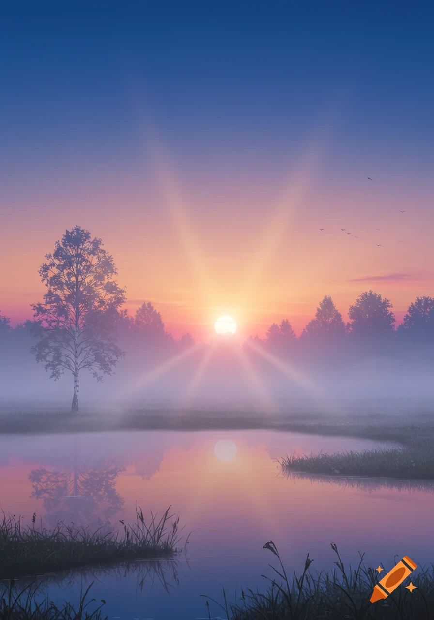 A beautiful, serene photorealistic landscape shows a misty dawn over a calm lake, with a bright sunrise behind silhouetted trees.