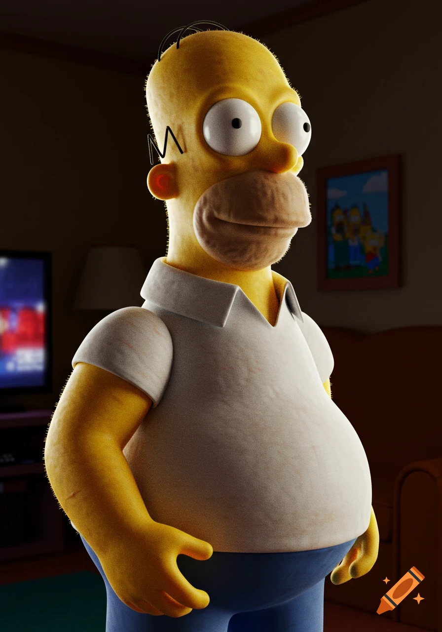 A detailed 3D rendering of Homer Simpson, looking right, wearing a white polo and blue pants in a dimly lit room.