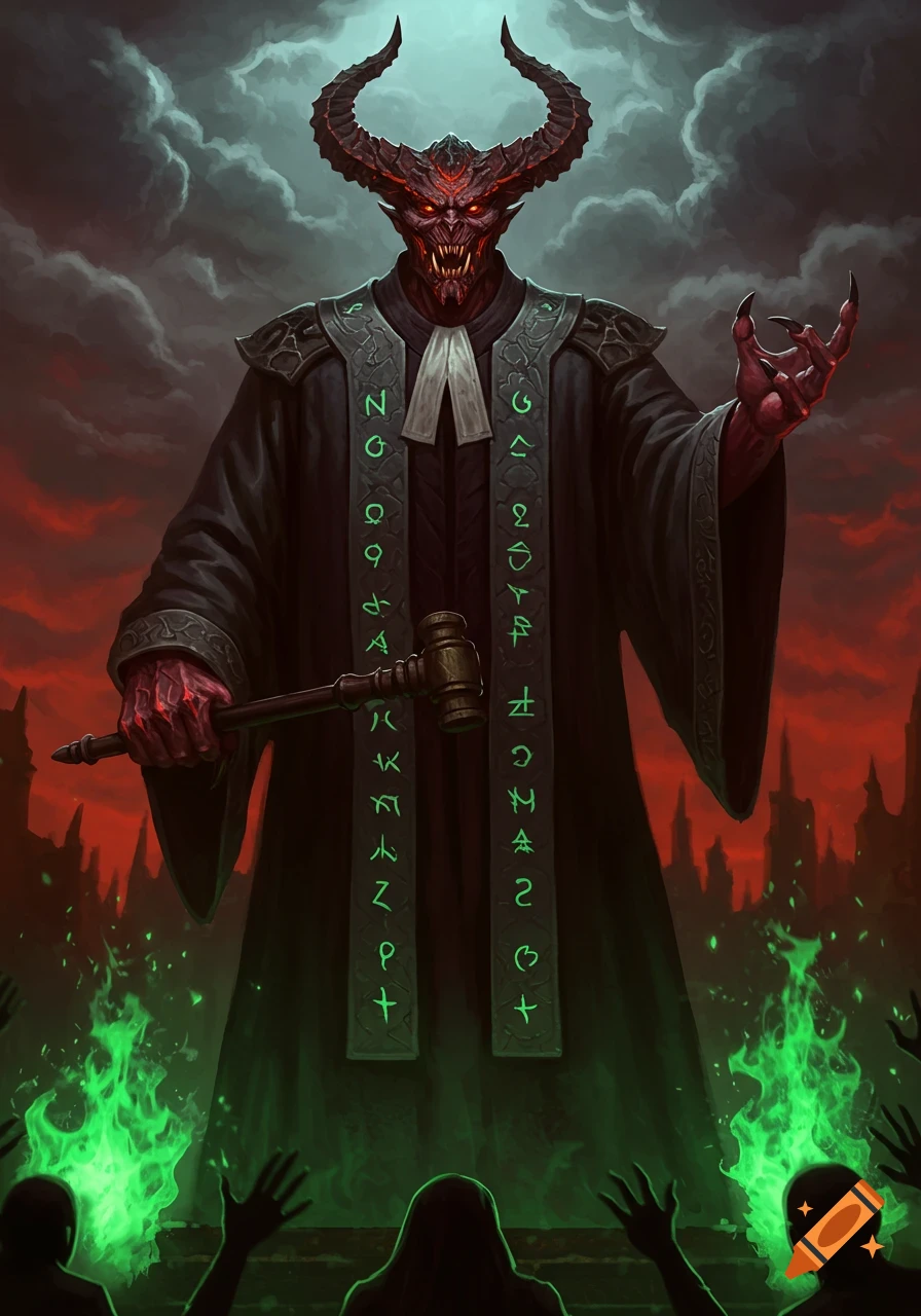 A demonic judge with red skin, horns, and sharp teeth, wearing black judicial robes with glowing green runes, holding a gavel, standing over shadowed figures and green flames.