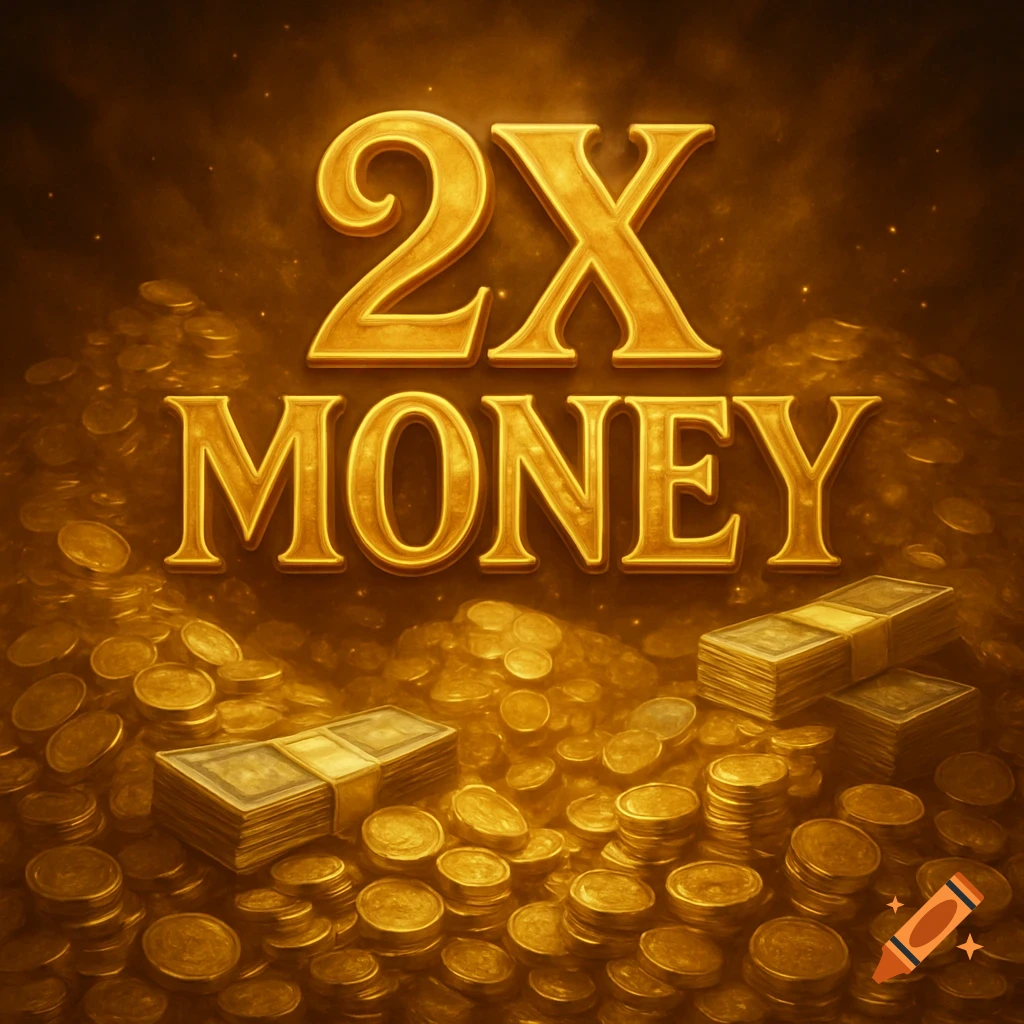 Golden 2X MONEY text above a large pile of gold coins and stacks of banknotes, with a dark, rich background.