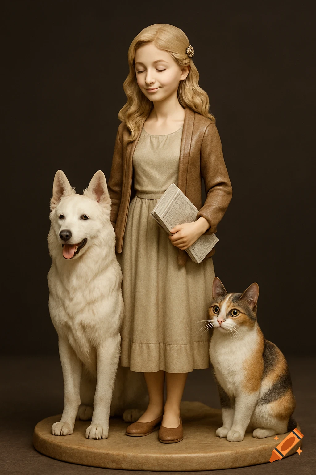 Realistic collectible figurine of a young blonde woman holding a book, with a white dog and a calico cat beside her.