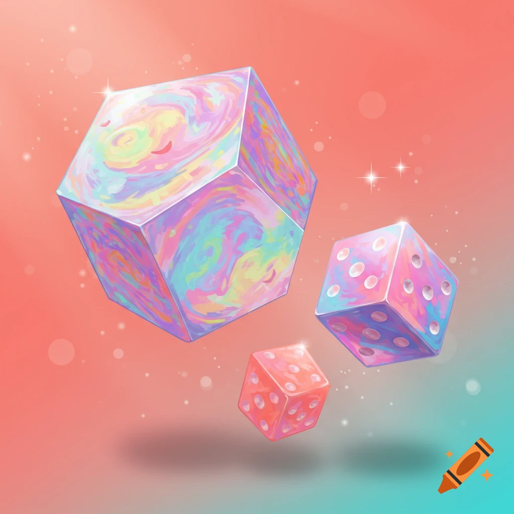 Three pastel iridescent dice-like objects, one large hexagonal and two smaller standard cubes, float on a pink to teal gradient background with sparkles and bokeh effects.