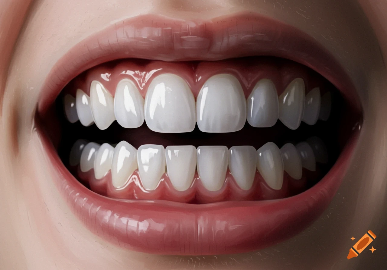 Close-up of an open mouth with very white, perfectly formed teeth and pink gums.