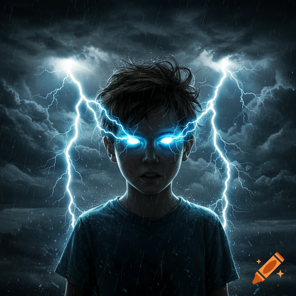 A young boy with glowing blue eyes emitting bolts of lightning, standing against a dark, stormy sky.