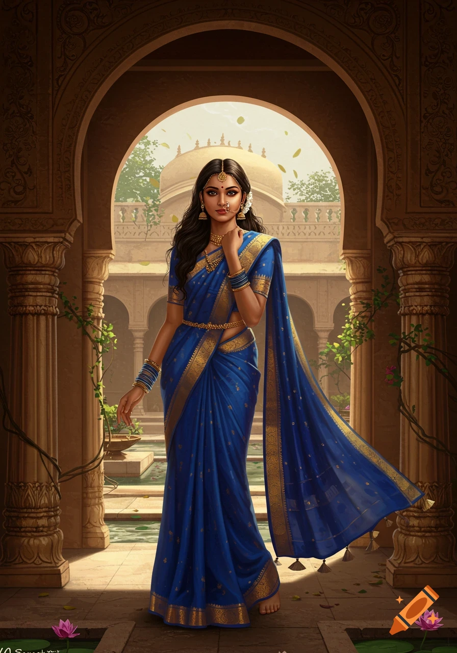 A beautiful Indian woman in a blue and gold sari and traditional jewelry stands in an arched stone pathway of an ornate palace garden. Realistic digital art.