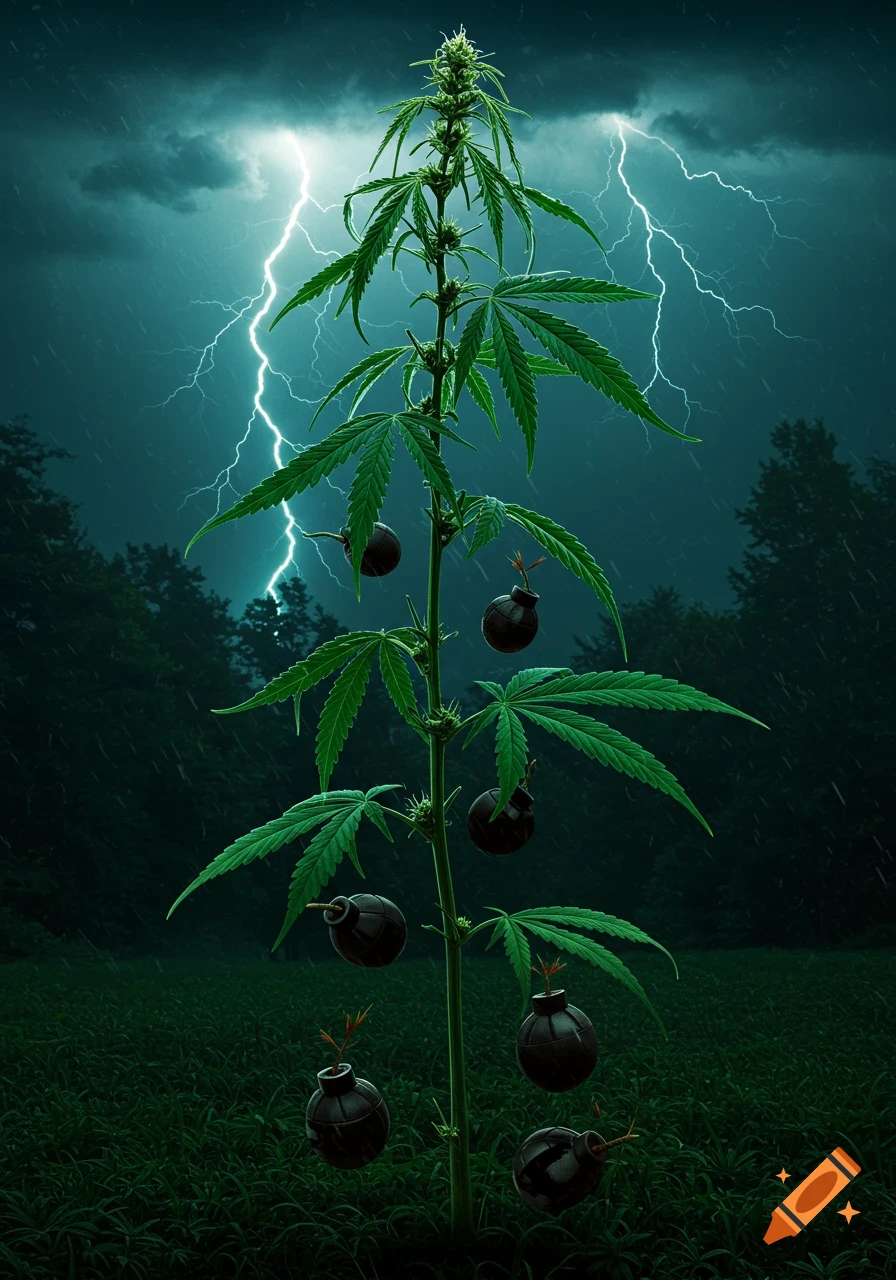 A cannabis plant with bombs hanging from its branches under a stormy sky with lightning.