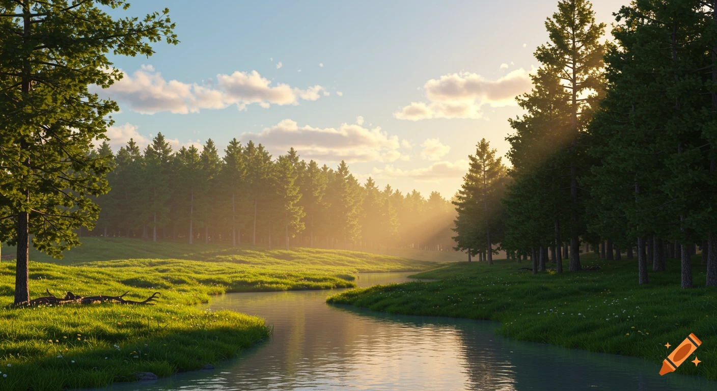 A sun-drenched river winds through a lush green valley with dense pine forests under a bright, cloudy sky, casting golden light on the water.