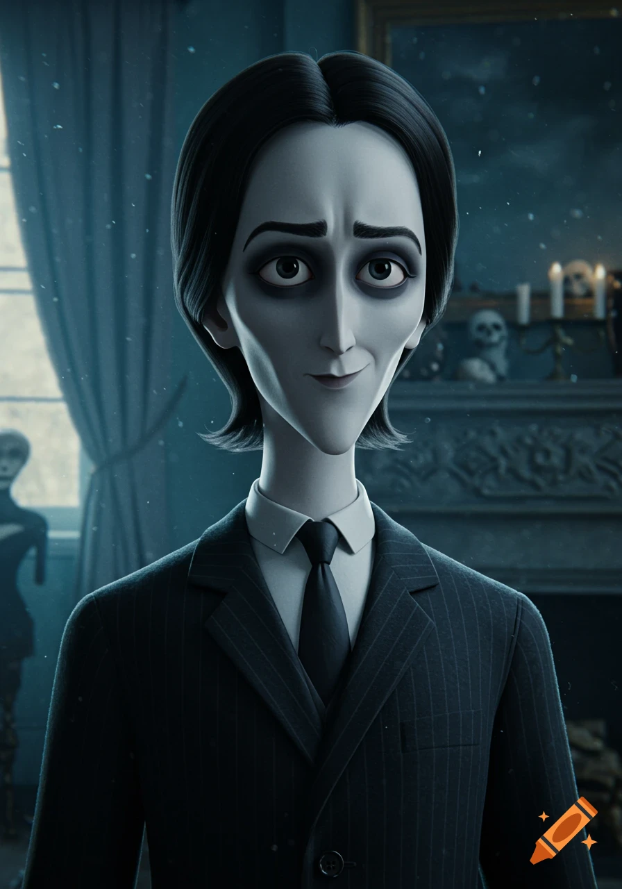 A pale-skinned animated man with dark hair, resembling Gomez Addams, in a pinstripe suit, looking directly at the viewer with a subtle smile.