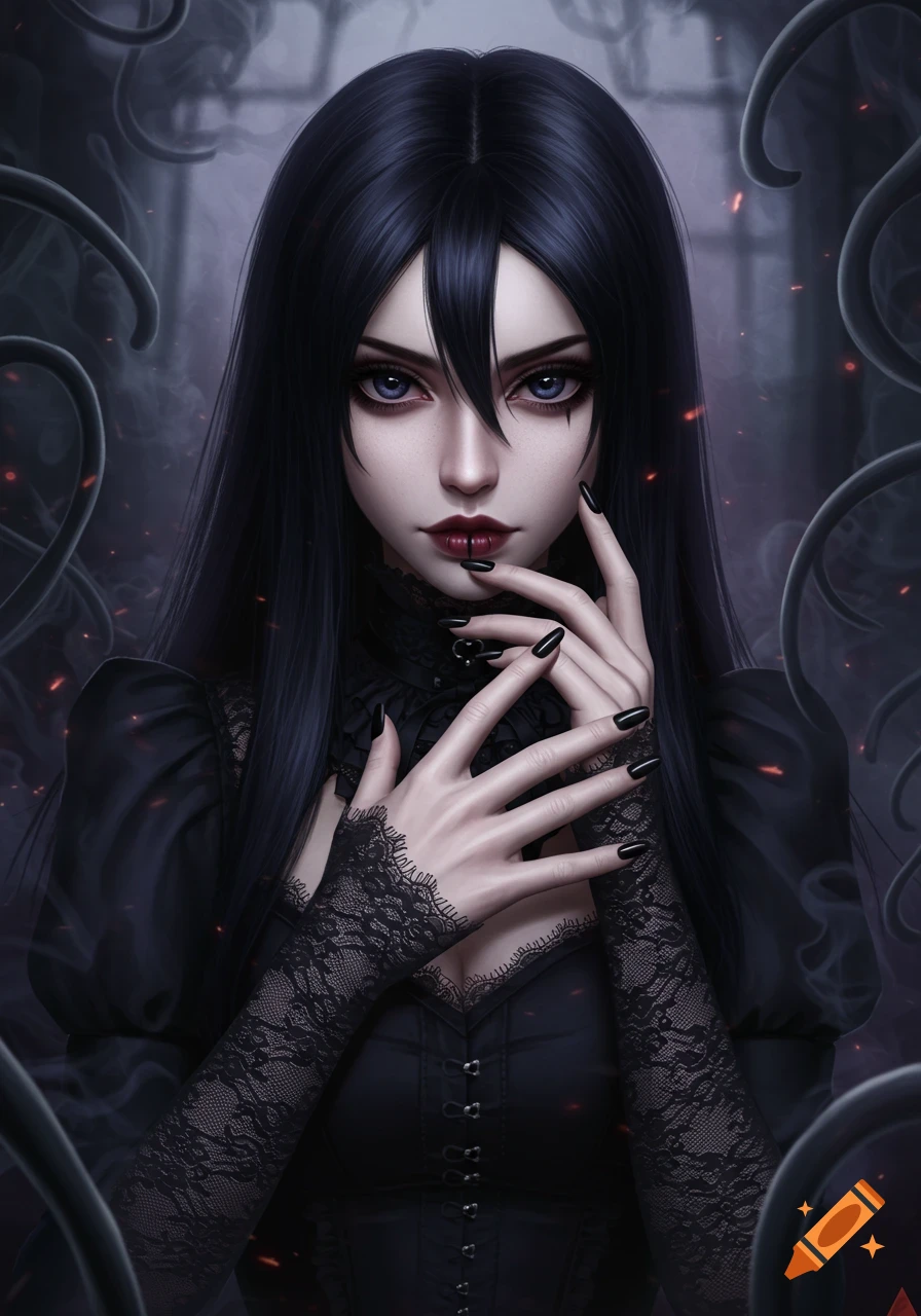 A detailed stylized portrait of a goth girl with long black hair, dark makeup, and black lace attire, holding her hands elegantly.