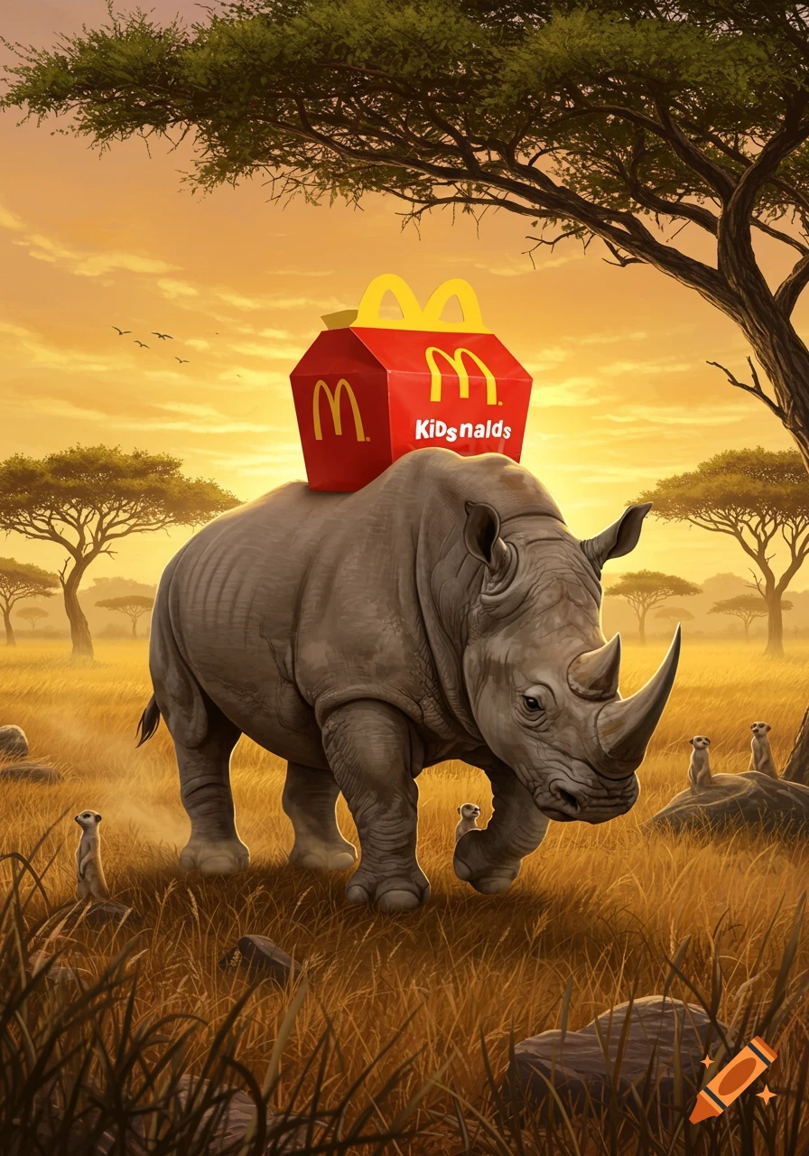 A large rhino with a red McDonald's Happy Meal box on its back walks through a golden savanna with acacia trees and meerkats.