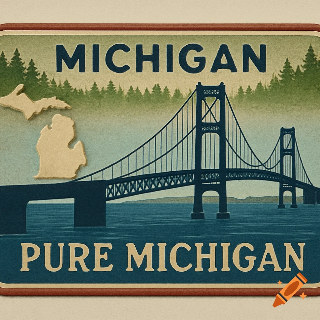 Vintage Michigan travel poster with the Mackinac Bridge, pine trees, and state map outlines, text 'MICHIGAN PURE MICHIGAN'.