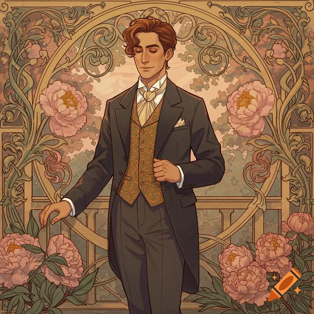 Art Nouveau illustration of a man in a formal suit and waistcoat, with eyes closed, amidst decorative floral patterns.