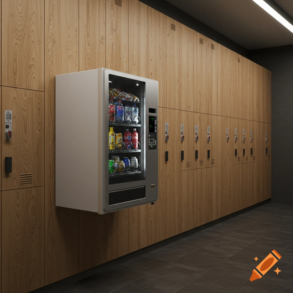 A modern gym locker room with light oak wood lockers and a grey vending machine filled with drinks mounted on the wall. Dark tiled floor.