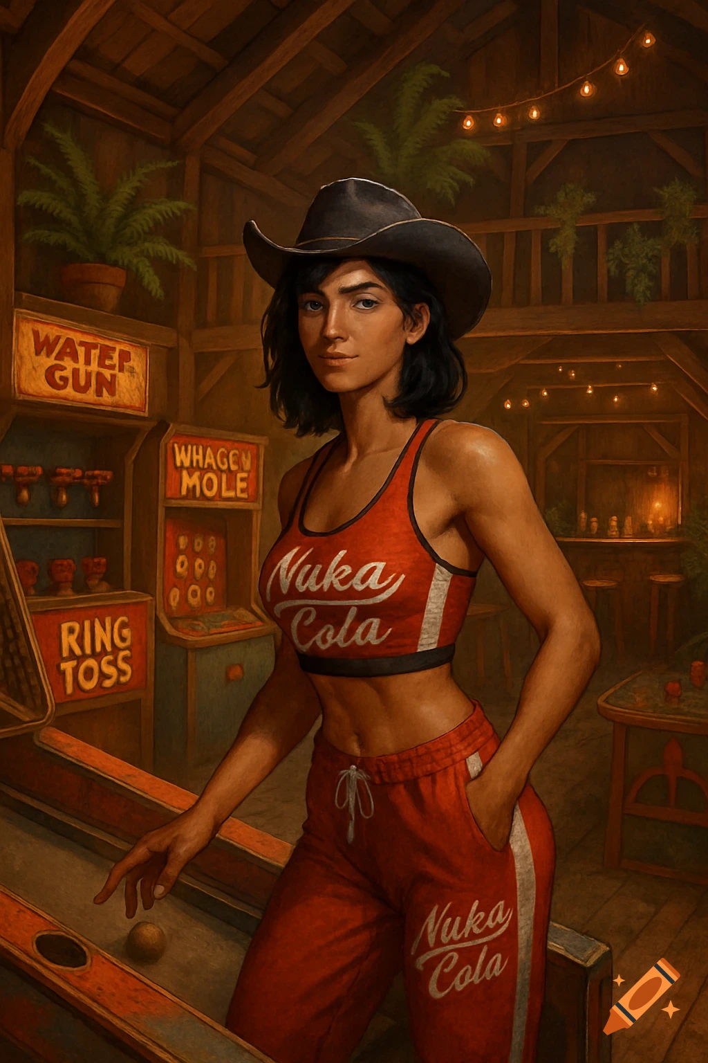 A woman in a cowboy hat, red Nuka-Cola sports bra, and sweatpants plays arcade games in a rustic, post-apocalyptic barn, DnD art style.