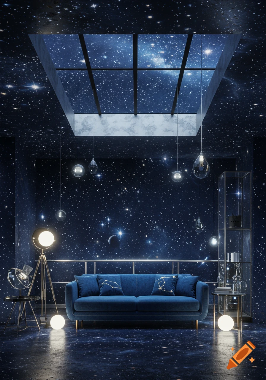 A modern room with dark blue starry night wallpaper, ceiling, and floor, featuring a blue velvet sofa and floor lamps.