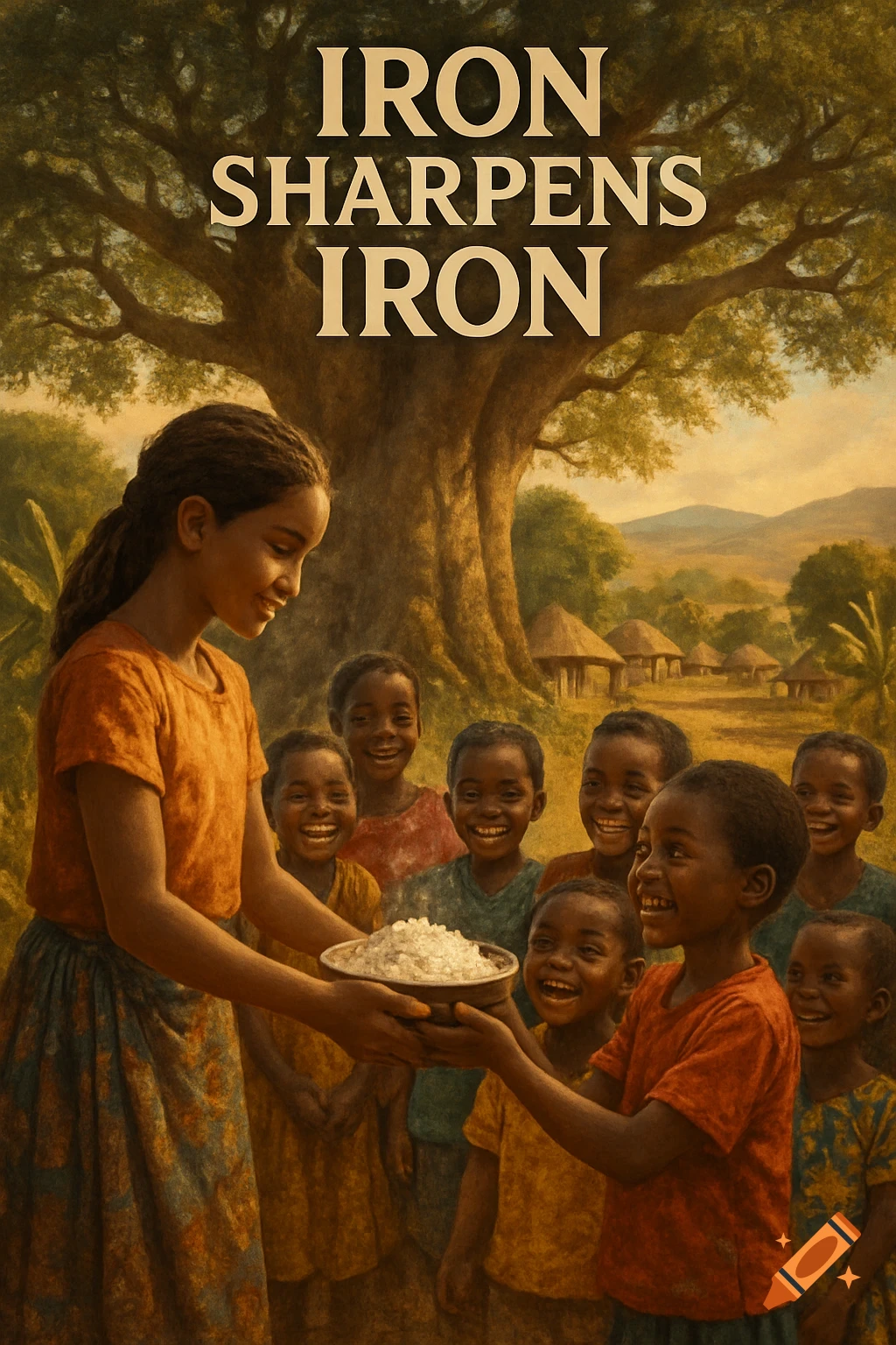 Realistic painting of a young woman offering a bowl of food to smiling children in an African village, under a large tree. Text reads 'IRON SHARPENS IRON'.