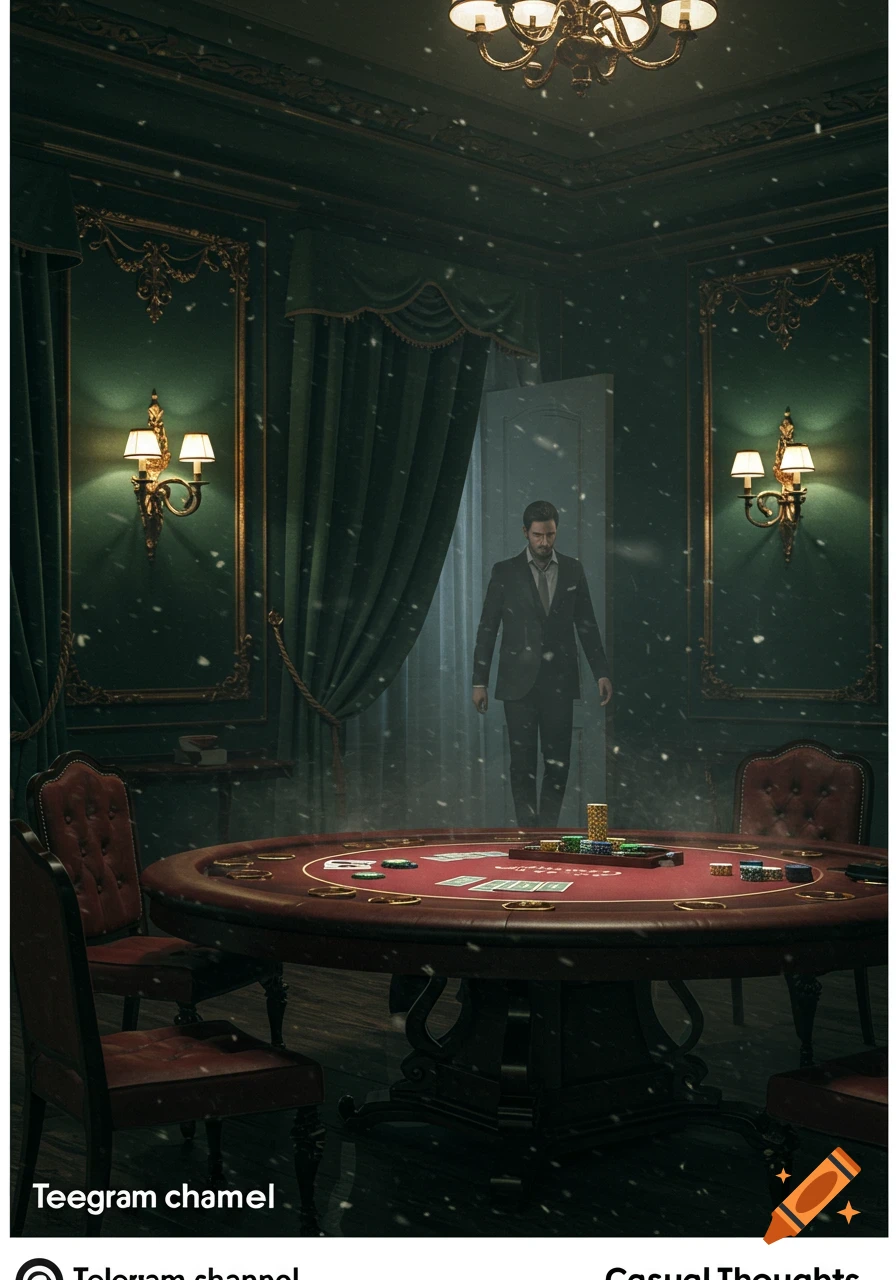 A man in a suit walks through a snowy doorway into a dark, opulent green room with a red poker table laden with chips and cards. Chandeliers and wall sconces illuminate the scene in an old-world setting.