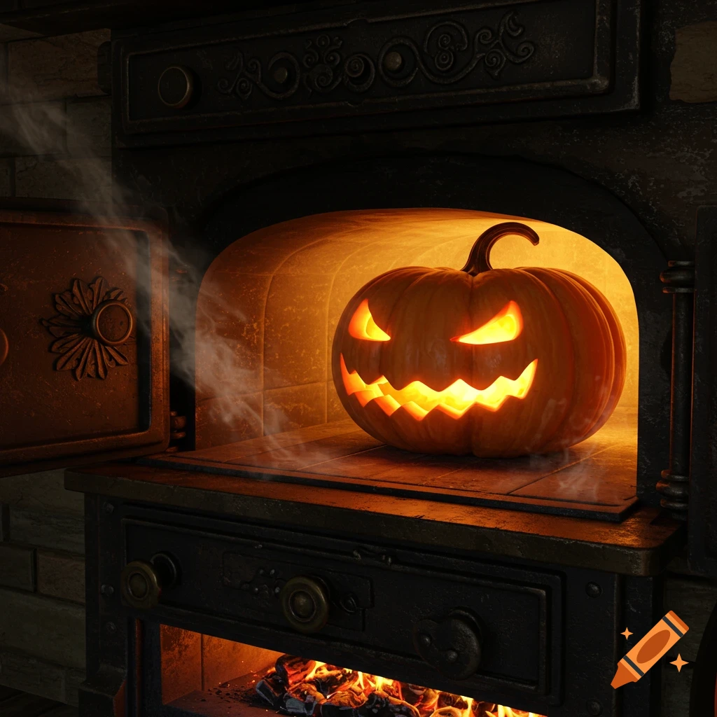 A glowing carved jack-o'-lantern sits inside a dark, old-fashioned oven, with smoke rising from an open door and coals burning below.
