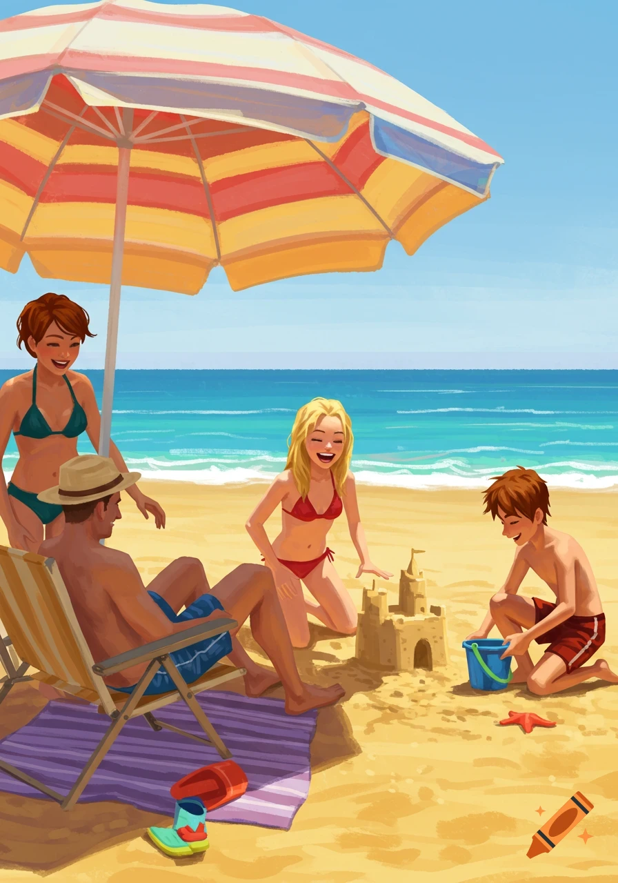 An illustrated family on a sunny beach. A man sits under a striped umbrella while a woman stands nearby, and two children build a sandcastle.