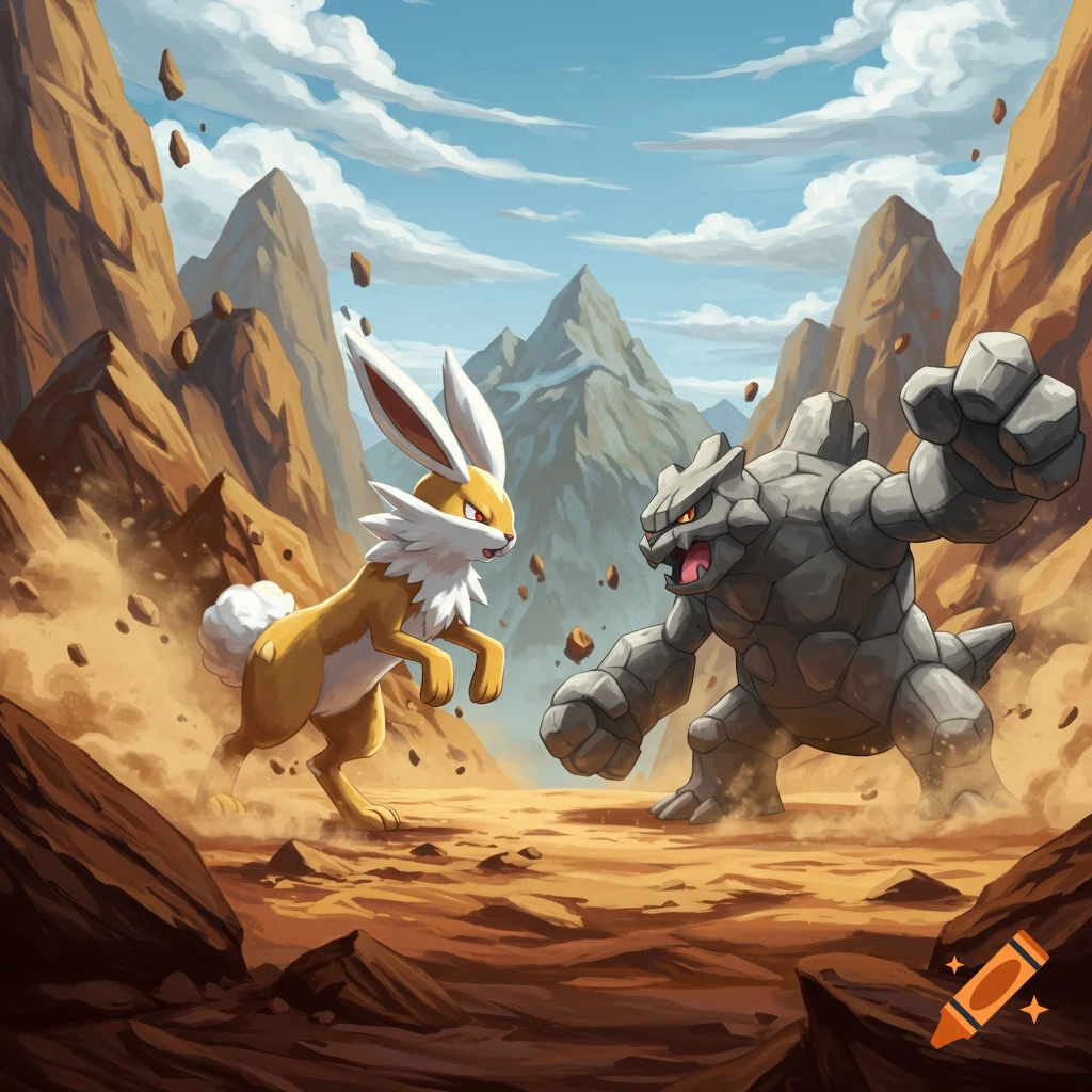 A brown rabbit-like and a grey rock-type Pokémon battle in a rocky, mountainous arena, with dust and debris flying.