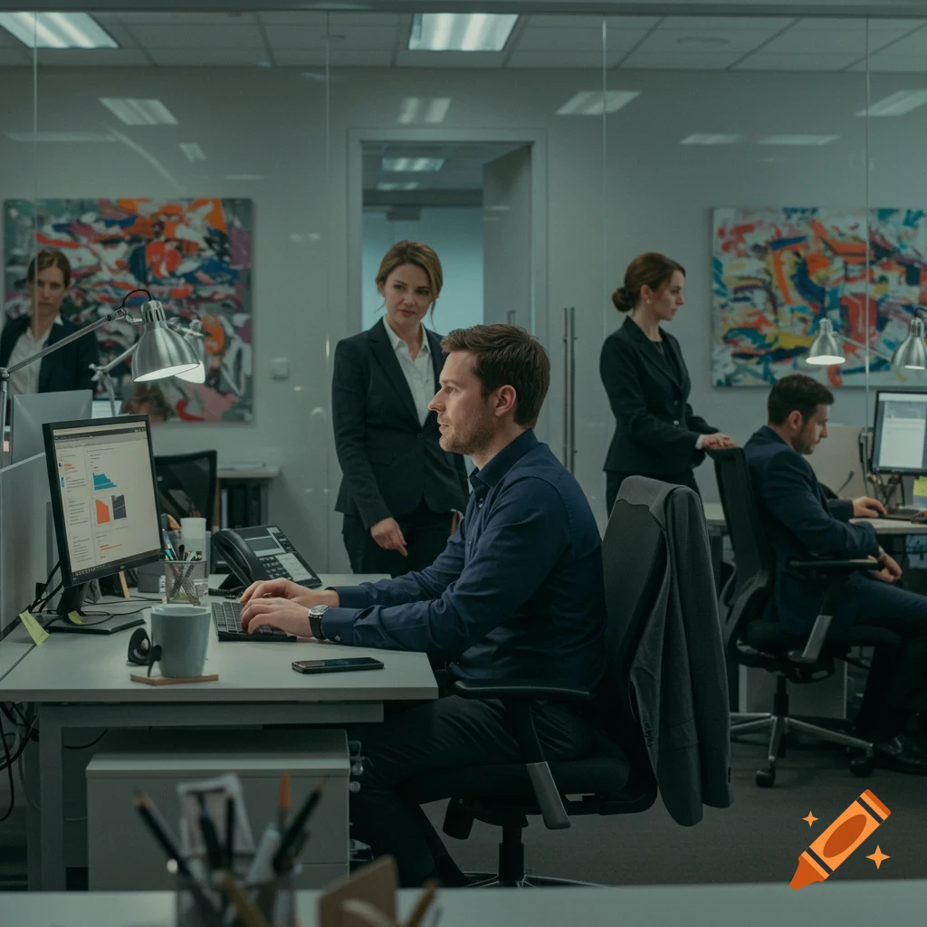 A photorealistic image of people working in a modern office. A man types at a computer while a woman watches him from behind.