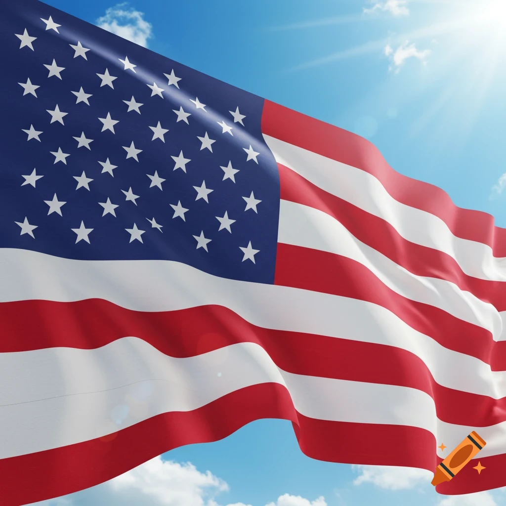 A vibrant American flag waves against a bright blue sky with sparse clouds and sun glare.