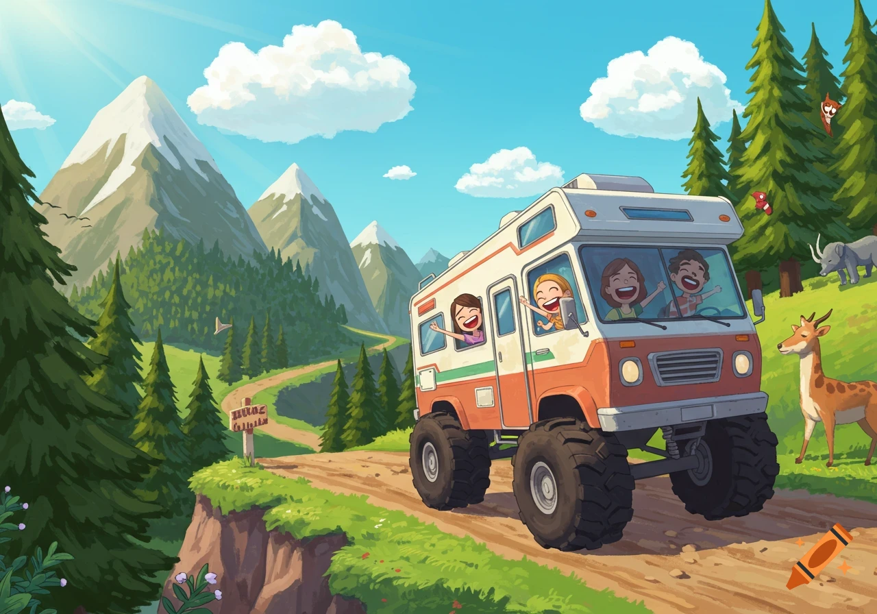 Cartoon family on a monster RV road trip through a sunny mountain landscape with pine trees and wildlife.