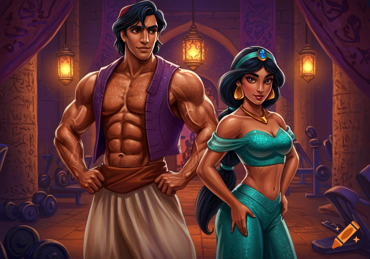 Muscular Aladdin and Princess Jasmine pose in an ornate, Arabian-themed gym with weights and lanterns.