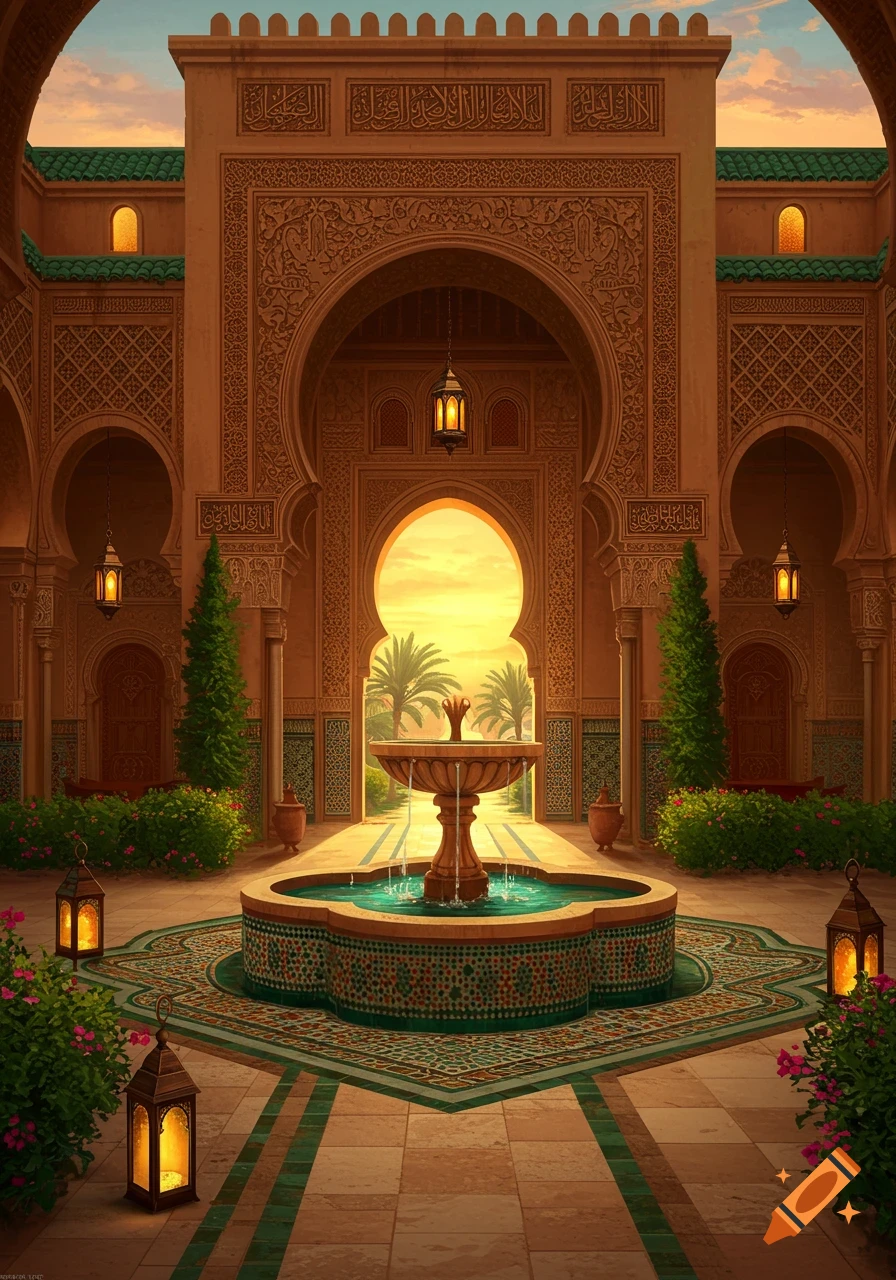 A beautiful, ornate Middle Eastern courtyard with a central fountain, intricate arches, and lush greenery under a warm sky.