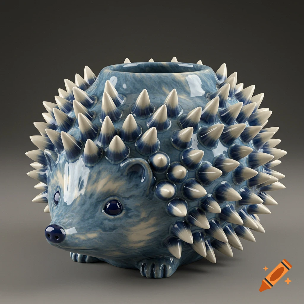 A shiny blue and white ceramic hedgehog-shaped vase with numerous spiky quills on a dark background.