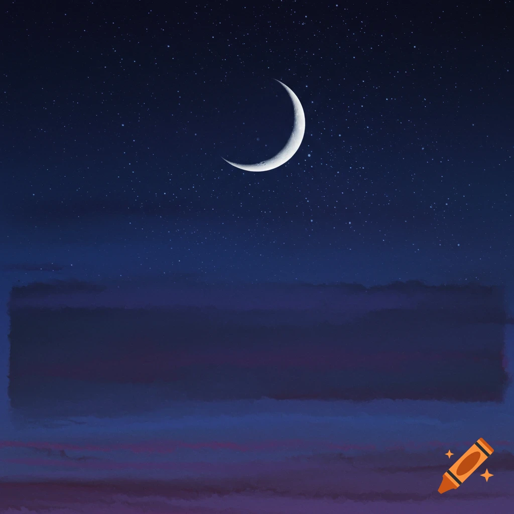 A crescent moon and stars in a dark blue night sky with abstract ...
