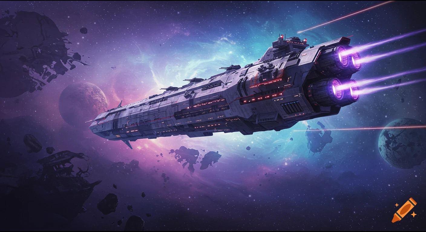 A large, detailed sci-fi mothership with prominent purple thrusters flies through a vibrant purple and blue galaxy with planets and asteroids.