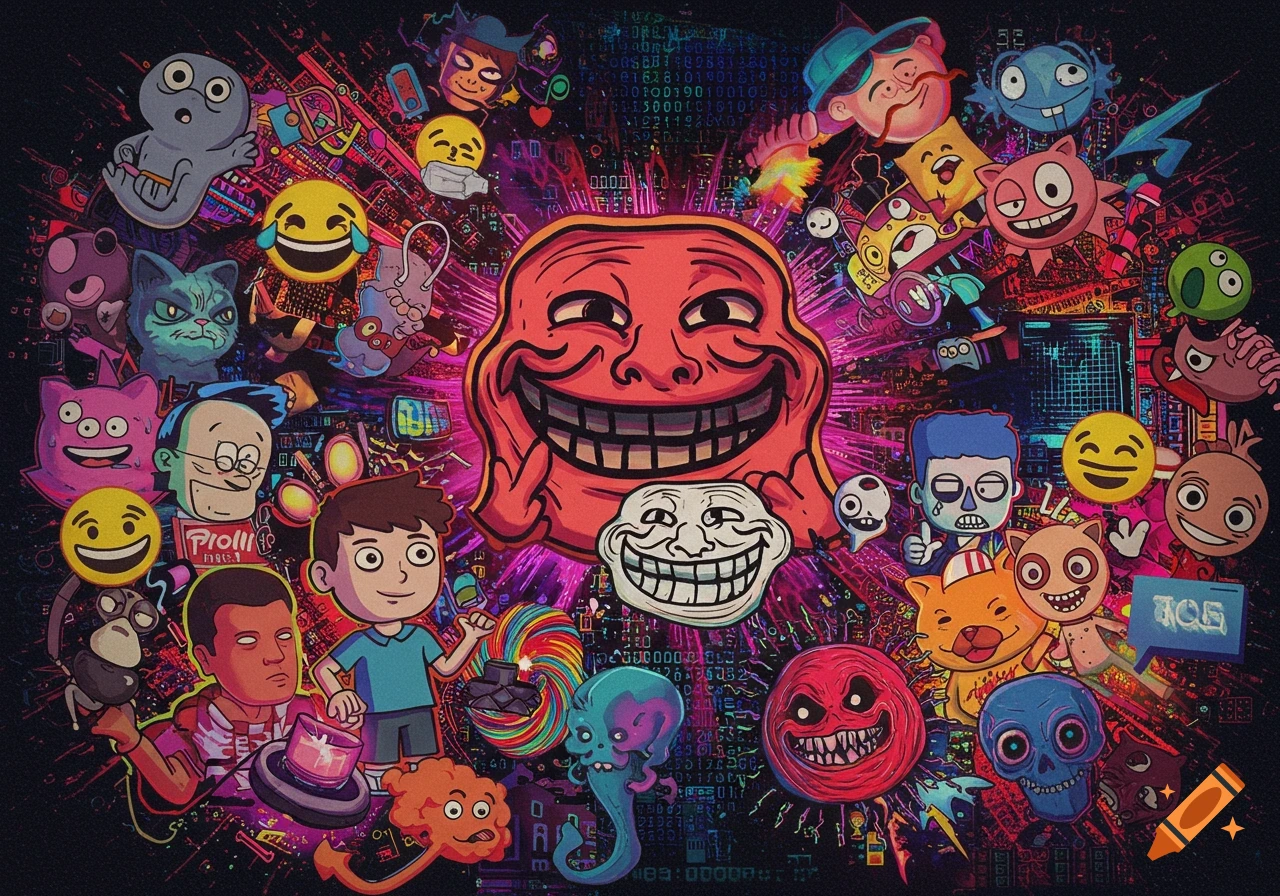 A vibrant, chaotic collage of various internet meme characters and emojis, including the Trollface, surrounded by glowing digital patterns.