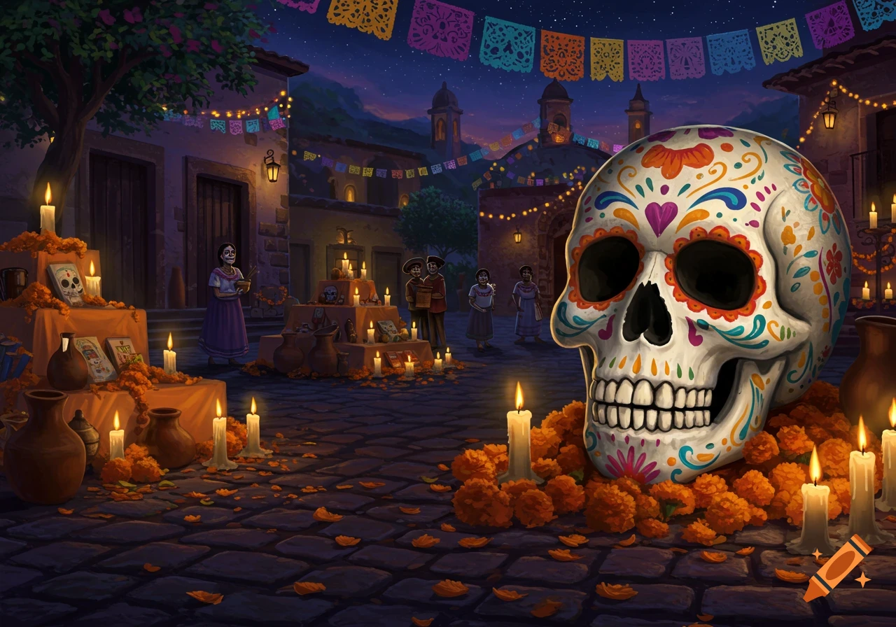 A vibrant Dia de los Muertos night scene with a large decorated skull, marigold flowers, lit candles, altars, and people in a town square.