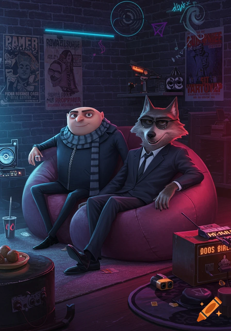 Gru and Mr. Wolf relax on beanbag chairs in a neon-lit room with posters.