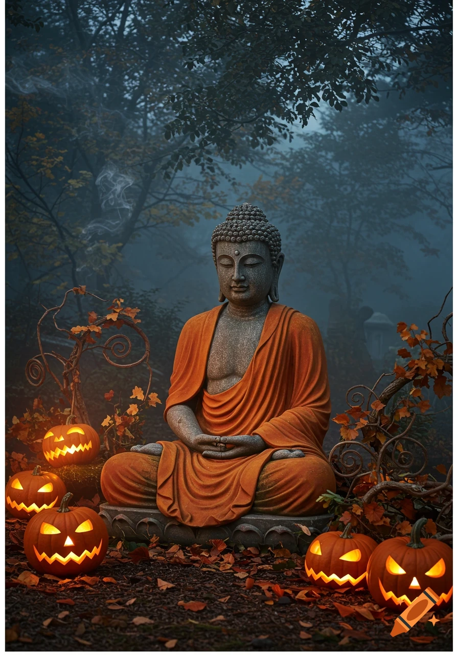 A Buddha statue meditates in a misty, dark forest surrounded by glowing jack-o'-lanterns and autumn leaves, photorealistic style.