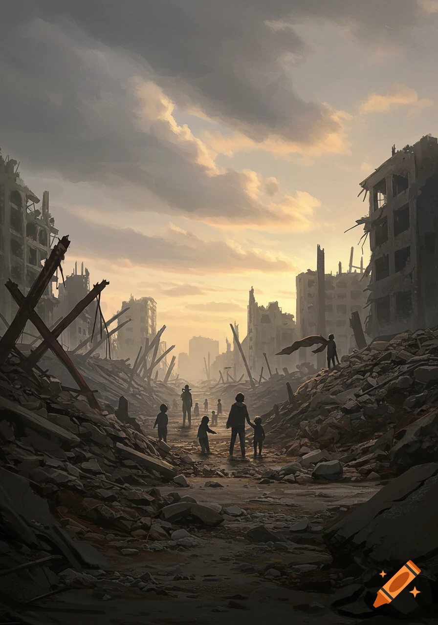 Silhouettes of people and children walk through a rubble-filled street in a destroyed city under a dramatic, cloudy sunset sky, digital art.