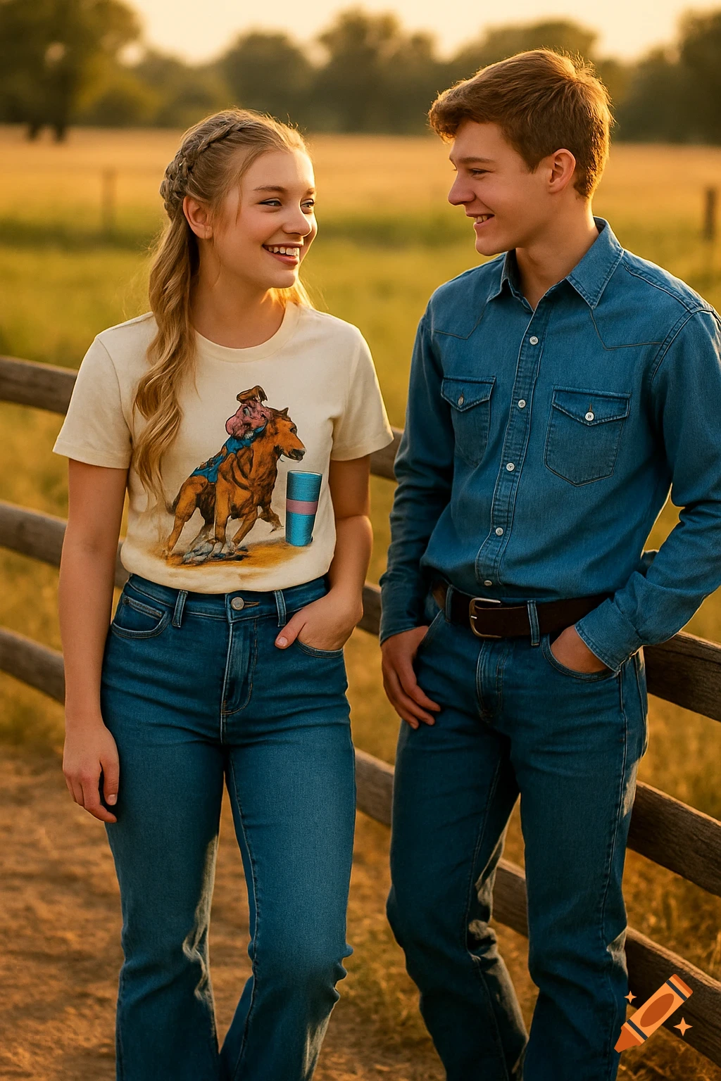 A smiling blonde girl in a rodeo-themed t-shirt and jeans stands next to a smiling boy in a denim shirt and jeans, in a sunny rural field.