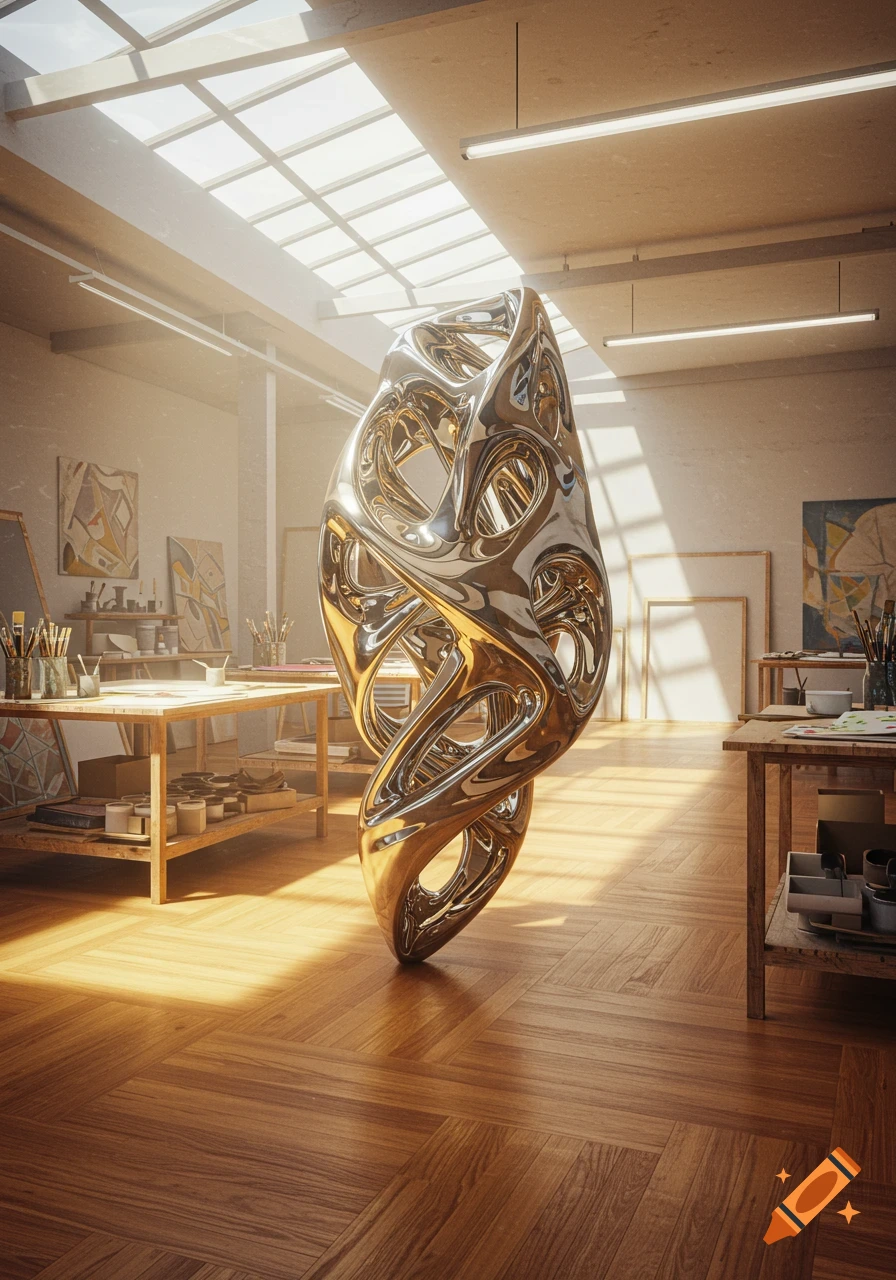 A shiny, metallic, abstract sculpture stands in the center of a sunlit art studio with wooden floors and tables.
